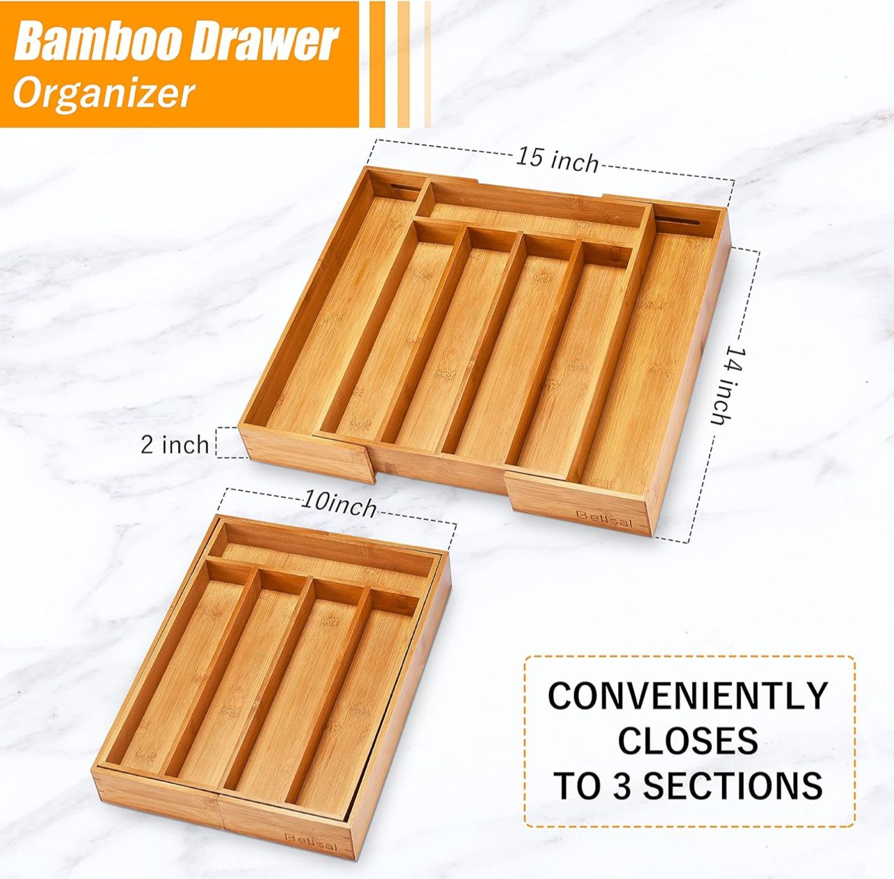 Bamboo cutlery tray for kitchen utensils, drawer organizer