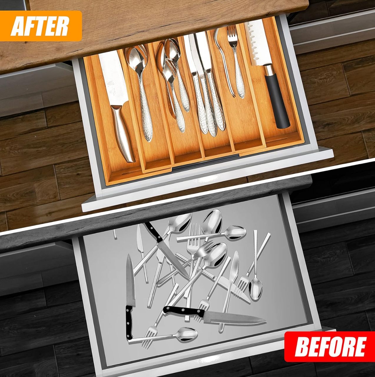 Bamboo cutlery tray for kitchen utensils, drawer organizer