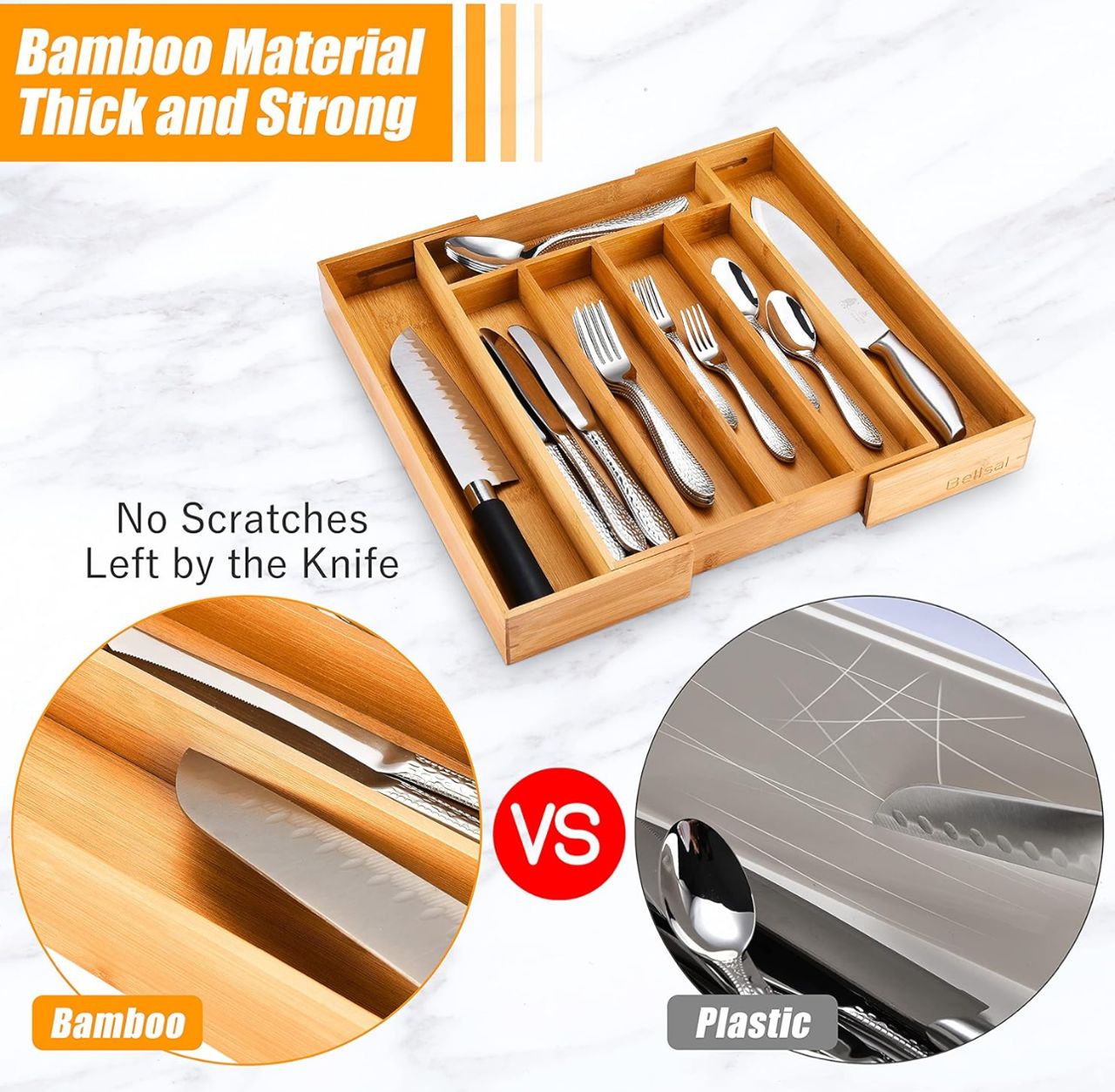 Bamboo cutlery tray for kitchen utensils, drawer organizer