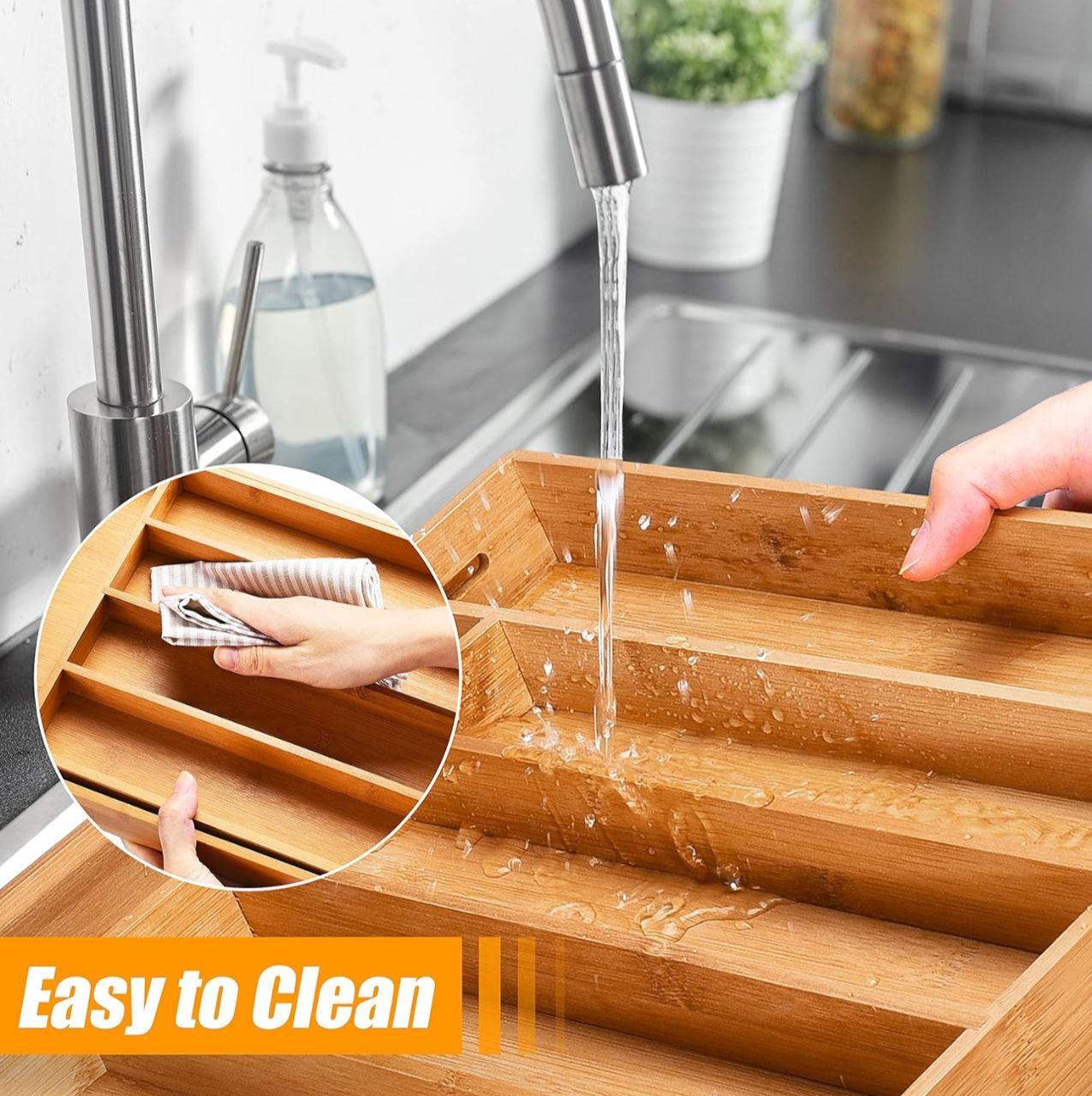 Bamboo cutlery tray for kitchen utensils, drawer organizer