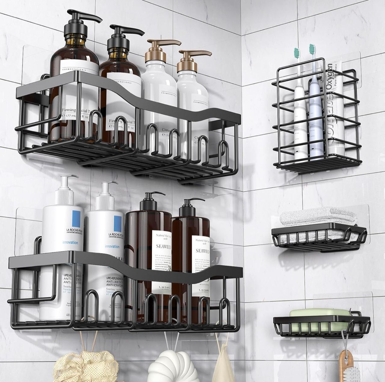 5 piece shower caddy,Adhesive sticker,NO Drilling,stainless steel ,Rust proof