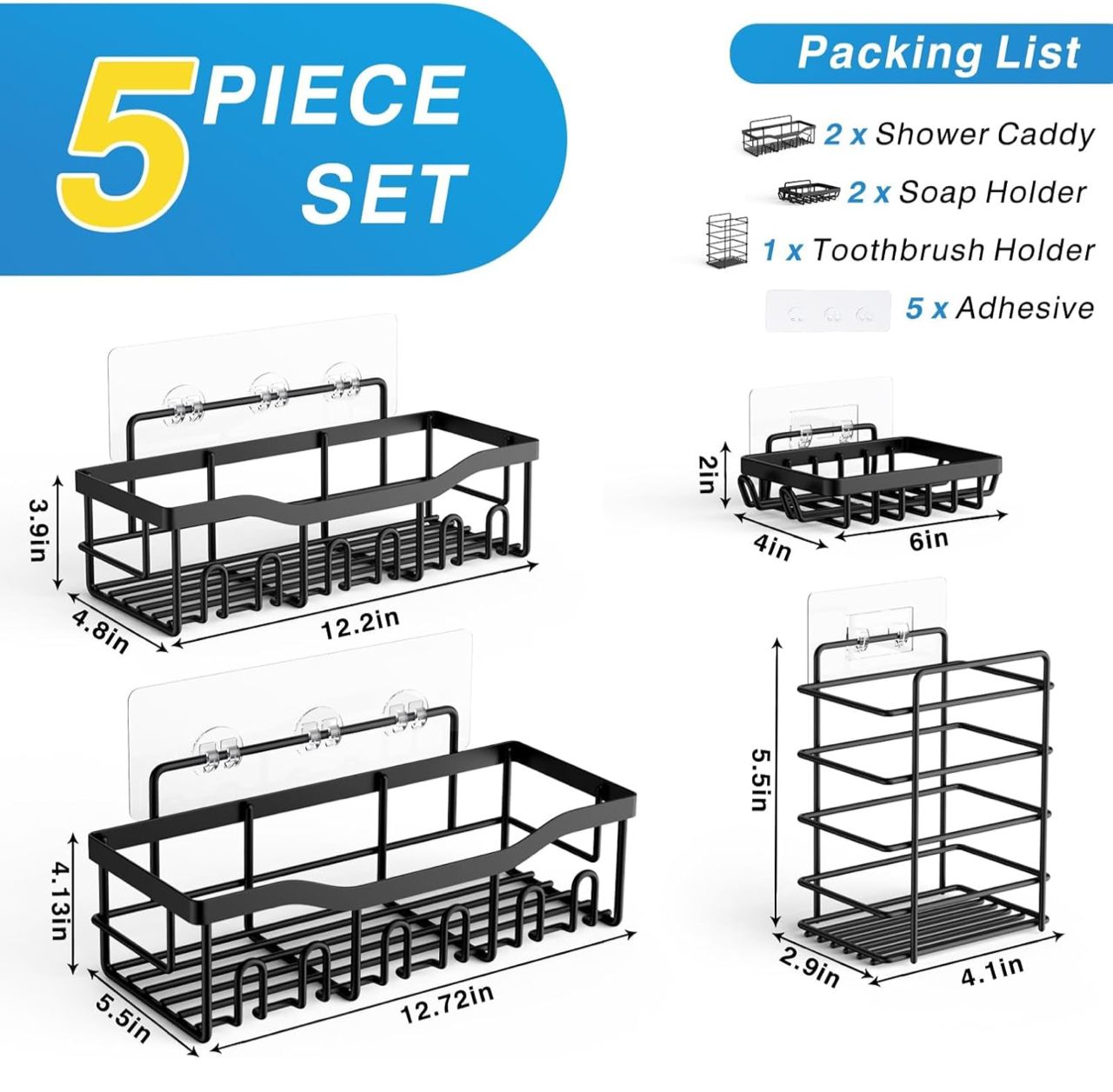5 piece shower caddy,Adhesive sticker,NO Drilling,stainless steel ,Rust proof