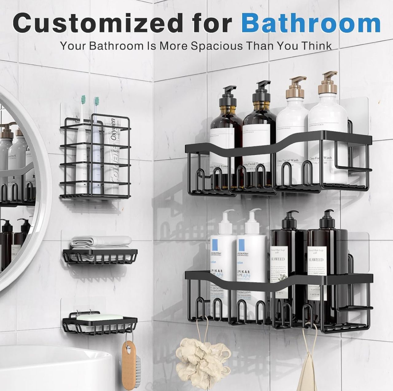 5 piece shower caddy,Adhesive sticker,NO Drilling,stainless steel ,Rust proof