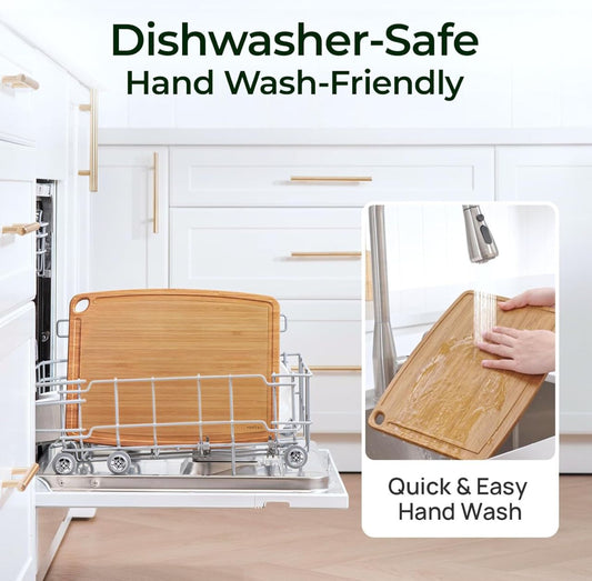 Dishwasher Safe Bamboo cutting boards, durable light weight wood cutting board for busy kitchen, easy storage & clean wooden cutting board single
