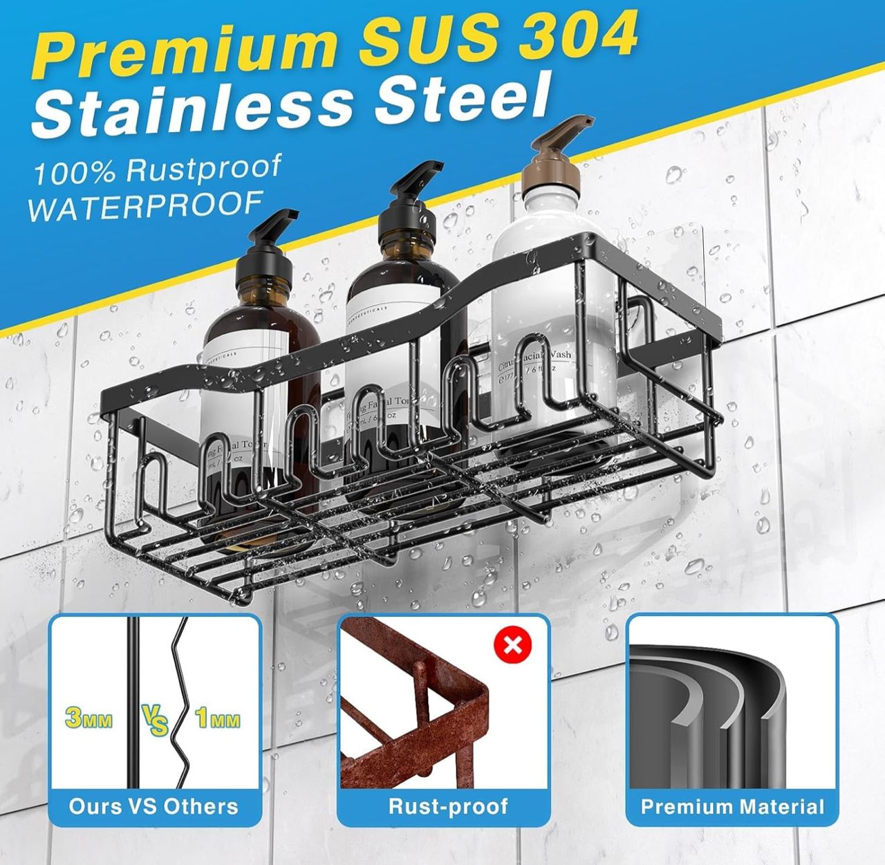 5 piece shower caddy,Adhesive sticker,NO Drilling,stainless steel ,Rust proof